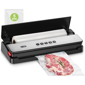 Bonsenkitchen Macchina Sottovuoto per Alimenti, Tagliapasta Incorporato e Rotoli per Sacchetti Sottovuoto e Starter Kit, Dispositivo di Aspirazione Esterno, Nero