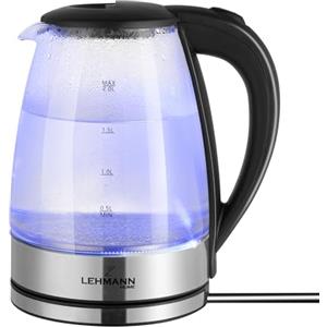 Lehmann LHOEK-2220 - Bollitore elettrico in vetro, 2 litri, 2200 W, con retroilluminazione a LED, spegnimento automatico e protezione da surriscaldamento, base girevole, senza BPA
