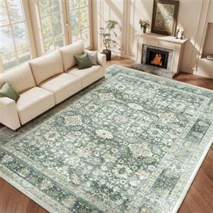 HOMFINE Verde Tappeto Salotto Vintage 160 x 230 cm Tappeto Soggiorno Lavabile in Lavatrice Pelo Corto Grandi Tappeti Antiscivolo Classico Carpet Rug per Camera da Letto, Sala