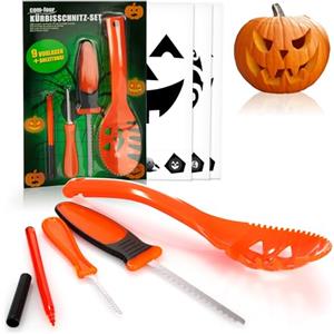 com-four® Set da 13 pezzi per intagliare la zucca di Halloween - Strumenti da taglio per svuotare le zucche - coltello, cucchiaio, matita e stampi (Set da intaglio arancione)