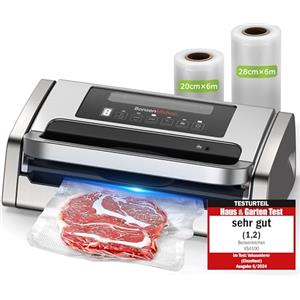 Bonsenkitchen Macchina Sottovuoto per Alimenti, Potente e Silenziosa, per Funzionamento Continuo, Design con Maniglia di Bloccaggio, Taglierina Integrata, 2 Rotoli di Sacchetti Inclusi, Argento
