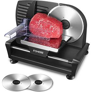 FOHERE Affettatrice Elettrica da Casa, FOHERE 200W Affettatrice Professionale con 2 Lame in Acciaio Inossidabile, Spessore Regolabile 0-15 mm per Salumi,Prosciutto e Verdure, Nero