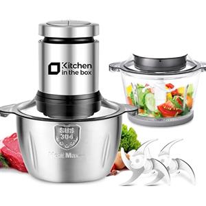 Kitchen in the box Tritatutto con 2 Ciotole(1L+2L),Tritatutto da Cucina Elettrico con 2 Set di 4 Lame in Acciaio inox,Tritatutto Elettrico a 2 Velocità per Verdure,Carne,Frutta Secca,400W