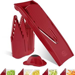 Börner Affettaverdure V1 (Set Iniziale) - Affettatrice a V con 4 Inserti & Portaverdure - Mandolina Regolabile per Verdure & Frutta - Tagliaverdure per Fette, Strisce & Cubetti - Rosso