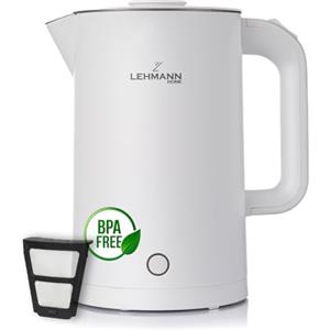 LEHMANN Bollitore Elettrico in Acciaio Inox, 1,7L, 2200W, Riscaldamento Rapido, Design a Doppia Parete, Base Girevole 360°, Spegnimento Automatico, BPA-free, per Tè, Caffè, Pappe, Biancoo