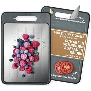 STONELINE Vassoio di Scongelamento e Tagliere 36,5 x 25 cm con Affilacoltelli e Grattugia, Piastra di Scongelamento Rapido per Alimenti Carne Cibi Congelati, Metodo di Scongelamento Naturale
