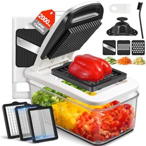 Sopito Mandolina per Verdure, Sopito Taglia Verdure Manuale, Affetta Verdure Tritatutto con 6 Lame Acciaio Inox, Contenitore Grande da 2 L, Protezione per le Mani e Guanti Resistenti al Taglio