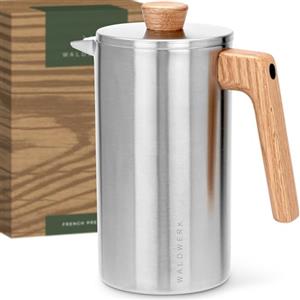 WALDWERK French Press (1L) - Caffettiera napoletana in acciaio inox a doppia parete con manico in legno di quercia - Orziera - Tisaniera Infusiera senza plastica