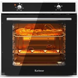 Karinear Forno Elettrico da Incasso 65L, 60 cm Forni a Conventional a 4 Funzioni, 2 Manopole di Controllo, 50-250°C, Inox Antimpronte, Spina, con Piastra, Griglia, 2200W, Nero