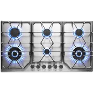 PremierTech Piano Cottura a Gas 6 fuochi, 90 cm, Acciaio Inox, Incasso 83 x 49cm, Doppio Bruciatore Wok, Supporti in Ghisa professionali, predisposto Metano e Kit Ugelli GPL inclusi, PC906