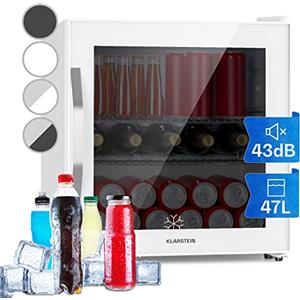 KLARSTEIN Mini Frigo da Camera per Birra, Frigo Portatile da Camera, Frigo Piccolo da Ufficio, Mini Frigo da Ufficio con Porta in Vetro, Mini Frigo Bar da Camera con Ripiani Rimovibili, 3-10°C, 47L