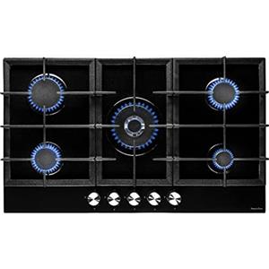 PremierTech PC905G Piano Cottura a Gas 5 Fuochi con Bruciatore Wok Vetro Nero 90cm (86cm) da Incasso Griglie in Ghisa Professionali Accensione Elettrica Manopole Frontali Piano Cottura da Appoggio