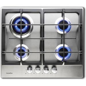 PremierTech Piano cottura a gas da incasso con 4 fuochi, 56x48 cm, acciaio inox, griglie in ghisa, doppia corona, predisposto per metano e GPL, PC4G60
