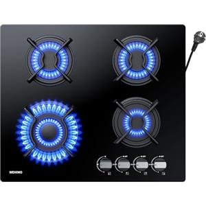 WEHIMO Piano Cottura a Gas 4 Fuochi da Incasso, 60cm, 7800W, Protezione Flame-Out, Gas Naturale/Propano/Butano, Vetro Nero