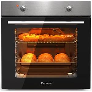 Karinear Forno Elettrico da Incasso 65L, 60 cm Forni a Conventional a 4 Funzioni, 2 Manopole di Controllo, 50-250°C, Inox Antimpronte, Spina, con Piastra, Griglia, 2200W, Inox e Nero