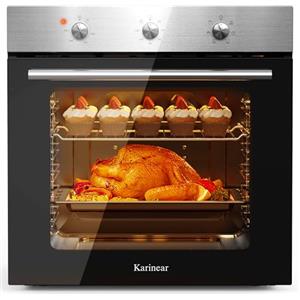 Karinear Forno Elettrico da Incasso 60L, Forni a Conventional + Convezione Ventilato a 6 Funzioni, 2200 W, 50-250°C, Inox Antimpronte, Spina, con Piastra, Griglia, Inox e Nero