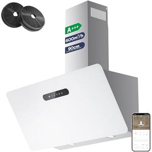 CIARRA Cappa Aspirante 90 cm A+++ CBCW9736K Ricircolo Funzionamento App Sensore Tattile Funzionamento Cappello Inclinato Senza Testa 650m³/h - APP WiFi - CBCF003 Filtro a Carbone Inox Vetro Bianco