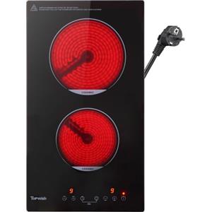 Topwish piano cottura vetroceramica 2 fuochi, 30cm piano cottura in vetroceramica, con Spina, blocco bambini, 9 livelli di potenza, timer 1-99Min, 3000W