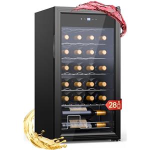 WIE Cantinetta Vino, 28 Bottiglie Cantina Vino Refrigerata, 82L Monotemperatura Cantinetta, Vetri Anti UV, Touch Control, Illuminazione LED, 5-18℃