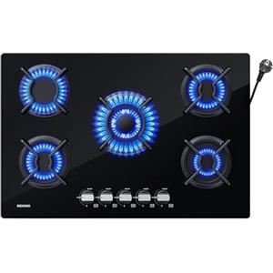 WEHIMO Piano Cottura a Gas 5 Fuochi da Incasso, Piano Cottura 77cm, 10500W, Protezione Flame-Out, Gas Naturale/Propano/Butano, Vetro Nero