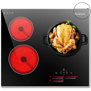 Karienvir Piano Cottura Vetroceramica 3 Fuochi 60cm, Piano cottura in vetroceramica da incasso con regione a doppio anello, comando a slitta, timer, blocco di sicurezza, struttura in metallo, 5500W