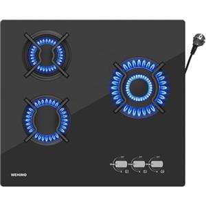 WEHIMO Piano Cottura a Gas 3 Fuochi, WEHIMO Piano Cottura Da Incasso, Pianos Cottura Gas 60cm, 7750W, Protezione Flame-Out, Gaz Naturale/Propano/Butano, Vetro Nero