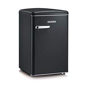 SEVERIN Mini Frigorifero Retrò Nero, 108 Litri, Congelatore 13L, Silenzioso (37 dB), Classe D, Luce LED, Cassetto Veggibox, Maniglie Cromate, Portabottiglie, 55,0 x 61,5 x 89,5 cm - RKS 8832