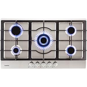 PremierTech Piano Cottura a Gas, 5 fuochi, 90 cm (86cm), Supporti in Ghisa Professionali, Predisposto Metano e Kit Ugelli GPL Inclusi, Manopole in Alluminio, Da Incasso, Acciaio Inox, PC5G90