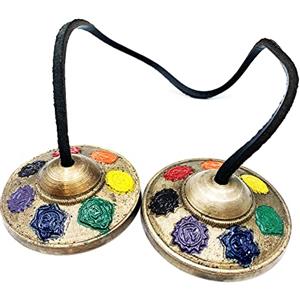 Snadi Tingsha (campana tibetana) Crotalo fatto a mano Artigianato indiano Design chakra smaltato con i suoi colori Piattini per meditazione, guarigione, consapevolezza, reiki o rilassamento.