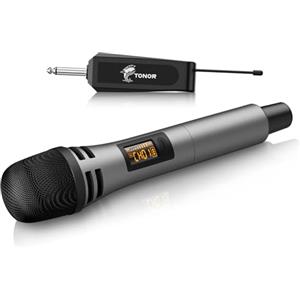 TONOR Microfono Senza Fili, UHF Sistema Wireless Microfonico Dinamico Portatile in Cordless con Ricevitore Ricaricabile, Uscita 1/4" per Amplificatore, Sistema PA, Macchina da Karaoke, Grigio