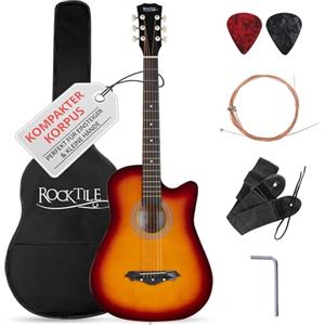 Rocktile WSD-5C-SB Slim Line Set Chitarra Western - Chitarra Acustica Dreadnought - Corpo in Tiglio - Manico: Catalpa - Set con Custodia, Corde di Ricambio, Tracolla e Plettro - Sunburst
