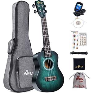 Winzz Ukulele Concerto, 23 Pollici, Kit per Principianti Adulti e Bambini 5+ Anni, Unico Blu-verde, Legno con 8 Accessori, Inclusi Accordatore, Custodia, Tracolla, Corde