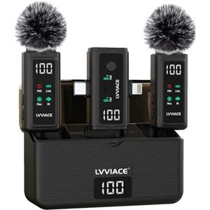 LVVIACE Microfono wireless 3 in 1 per iPhone, Android, fotocamera, microfono lavalier wireless, cancellazione del rumore con trasmettitore da 45 ore, display digitale, custodia di ricarica
