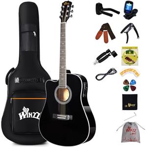 Winzz - Chitarra Acustica Per Principianti, Per Adulti e Bambini, Sunburst Folk Guitar Starter Pack Cutaway (Lucido Nero, sinistro)