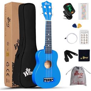 Winzz Ukulele Soprano Adulti, Ukulele Bambini Legno, 21 Pollici Ukulele Principianti, Blu Scuro Scuola Media Kit con 9 Accessori, Adesivo per Tastiera, Carta degli Accordi