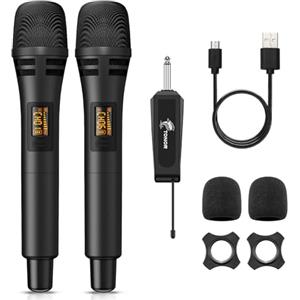 TONOR Microfono Senza Fili, UHF Sistema Wireless Microfonico Dinamico Portatile in Cordless con Ricevitore Ricaricabile, Uscita 1/4" per Amplificatore, Sistema PA, Macchina da Karaoke, Nero