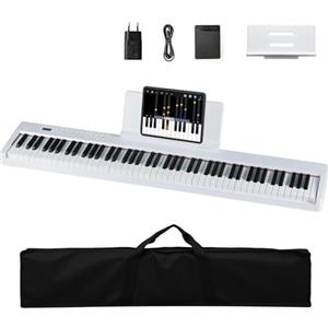 KOMFOTTEU Pianoforte digitale a 88 tasti, tastiera per pianoforte con 380 suoni, 128 ritmi, 88 demo, MIDI, pedale, pianoforte elettrico portatile con supporto per musica, borsa da trasporto (bianco)