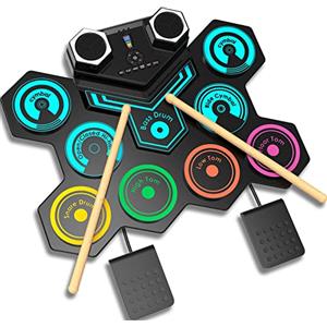 CNAPXAIA Batteria Elettronica Portatile - 9 Pad Batteria Elettrica Arrotolabile Bluetooth con Doppio Altoparlanti Incorporato, Colorato Batteria Strumenti Musicali Regalo per Bambini/Adulti