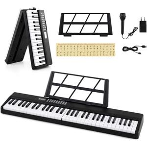 KOMFOTTEU Pianoforte Digitale 61 Tasti Pieghevole e Multifunzionale, Tastiera Elettronica Semi-Pesato, Pianola con Microfono & Doppi Altoparlanti, 3 Modalità di Insegnamento, MP3/USB/MIDI, Nero