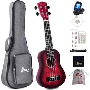 Winzz Ukulele Soprano 21 Pollici - Kit per Bambini, Adulti e Principianti - Rosso Unico Con 8 Accessori: Accordatore, Custodia, Tracolla, Corde
