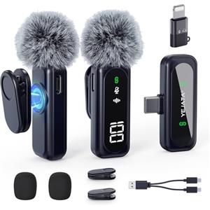 YEJATA Microfono lavalier wireless con display digitale della batteria, omnidirezionale a 360°, cancellazione del rumore, portata 30 m, clip girevole per iPhone 15/16 Android PC iPad Tablet