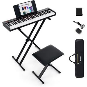 GYMAX Pianoforte Digitale 61 Tasti, Tastiera con Supporto e Sgabello Regolabili, Tasti Semi-Pesati, Funzione MIDI Audio Wireless, Leggio per Musica, Pedale Sustain e Borsa, Nero