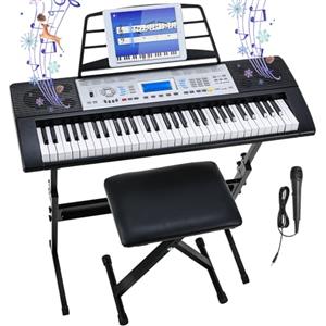 LIFERUN Tastiera con 61 tasti, tastiera digitale per pianoforte, con supporto, sgabello, 500 suoni e modalità di insegnamento a 3 livelli, doppio altoparlante, schermo LCD, tastiera elettronica per