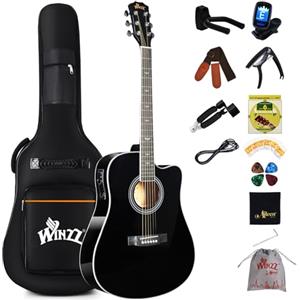 Winzz 4/4 Chitarra Elettroacustica, Set di Chitarre Occidentali per Adulti e Principianti, Chitarra Acustica 41 Pollici con Equalizzatore a 4 Bande (Dreadnought, Lucido, Nero)
