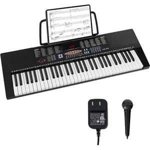 KOMFOTTEU Pianoforte Digitale 61 Tasti, Set di Tastiera Elettronica con Display LED, Microfono, Leggio, 300 Timbri e Ritmi, 50 Canzoni Demo, Pianola per Principianti, Nero