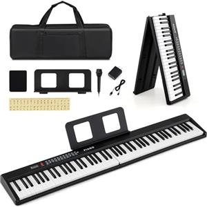 KOMFOTTEU Pianoforte Digitale 88 Tasti Pieghevole, con 1000 Suoni, 1000 Ritmi & 150 Canzoni Demo, Tastiera Elettronica con Microfono, Pianola Facile da Trasportare con Borsa, Nero