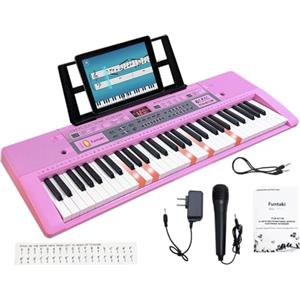 Funtaki Pianoforte digitale portatile a 61 tasti, pianoforte elettronico con tasti illuminati e supporto musicale, mini tastiera per bambini e adulti, tastiera digitale Rosa