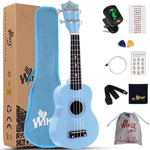Winzz Ukulele Soprano, kit per principianti, con custodia, accordatore clip-on, corde di ricambio, tracolla, plettro, adesivo per tastiera, prontuario degli accordi, panno per pulizia 21" Sopran Blau