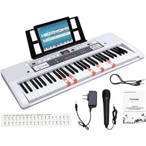 Funtaki Pianoforte digitale portatile a 61 tasti, pianoforte elettronico con tasti illuminati e supporto musicale, mini tastiera per bambini e adulti, tastiera digitale Bianco
