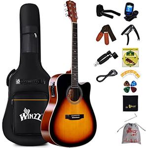 Winzz Chitarra Acustica Elettrificata, Chitarra Elettroacustica 4/4, Chitarra Adulti Bambini 12+ Anni, Chitarra Folk Principianti Kit con 12 Accessori (Corde di Acciaio, 41 Pollici, Lucido Sunburst)